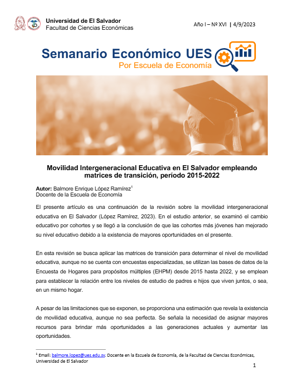 Semanario XVI: Movilidad Intergeneracional Educativa en El Salvador empleando matrices de transición, período 2015 – 2022